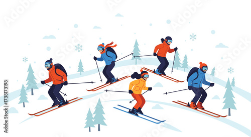 A group of friends enjoy skiing down a snowy mountain together.
