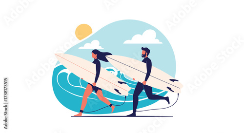 Two surfers carrying surfboards along the beach towards the ocean.