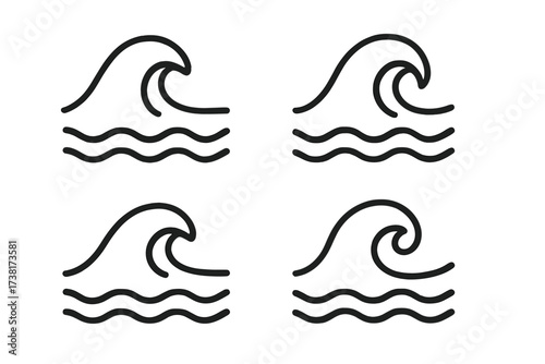 Set of Four Black Line Wave Signs, Water Symbols, Ocean Wave Icons, Vector Cartoon Illustrations with Transparent Background, Minimalist Curling Wave Designs, Surf and Sea Elements