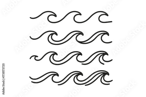 Abstract wave symbols linear style swirl icons set, vector cartoon illustration with transparent background, sea and ocean water wave design elements for decoration and patterns