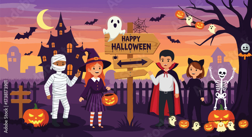 illustration of kids in Halloween costumes celebrating outdoors with pumpkins, bats, spiders, and festive decorations, perfect for holiday marketing, party invitations, and seasonal promotions