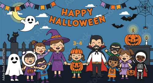 illustration of family in Halloween costumes celebrating indoors with pumpkins, candy, bats, and spooky decorations, perfect for holiday party invitations, marketing, and seasonal promotions