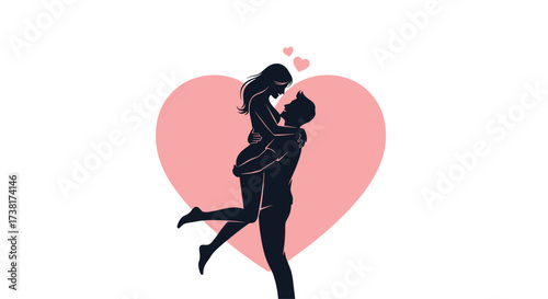 A loving couple dances passionately in front of a large heart.