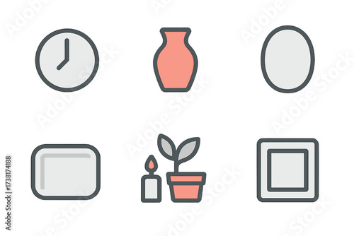 Collection of everyday objects, household items, and time management graphic symbols