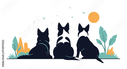 Three dogs sitting on a hill with birds flying above.