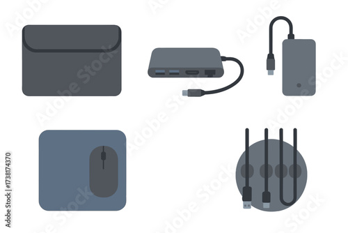 Collection of modern electronic accessories for digital devices and computing