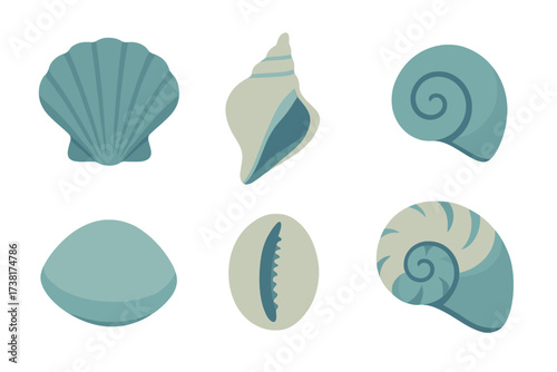 Collection of stylized seashells and marine mollusk shells in blue and grey tones