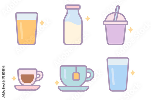 Assortment of refreshing cold drinks and hot beverages in cute pastel style with minimalist design