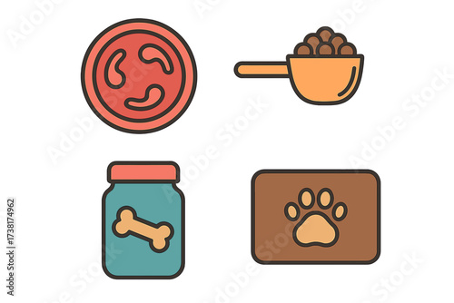 Collection of essential pet care items and feeding supplies for domestic animals