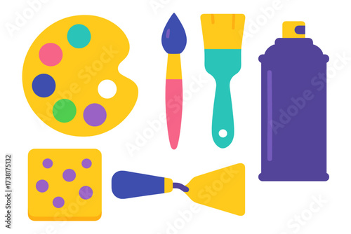 Colorful collection of essential art and painting supplies for creative projects