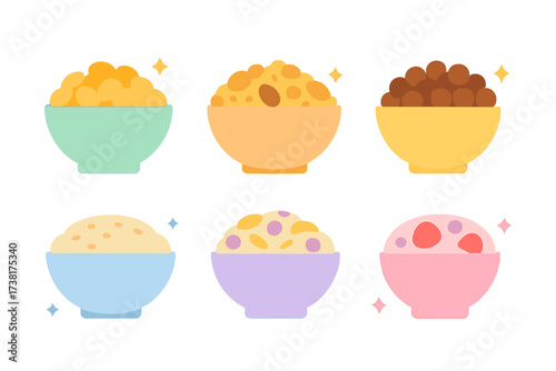 Assortment of vibrant breakfast bowls filled with different cereals, fruits, and healthy snacks