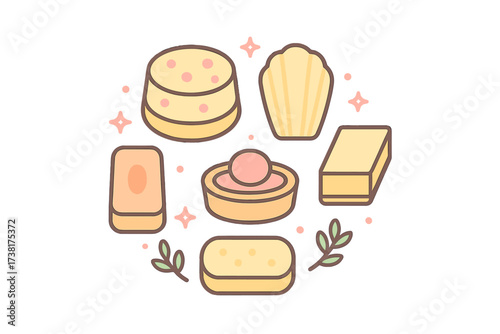 Assortment of sweet baked goods and confectionery desserts with decorative elements