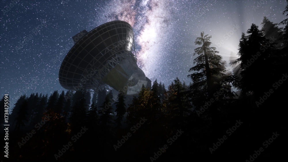 Φωτογραφία Amidst a serene forest, a massive radio telescope towers under a starry sky, capturing the beauty of the universe while illuminating the night