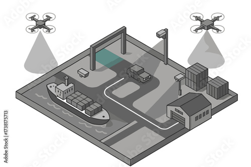Modern port logistics and surveillance system with drones monitoring cargo operations