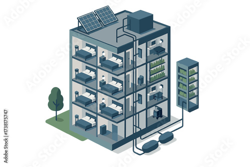 Modern sustainable urban building featuring rooftop solar panels and integrated vertical farming