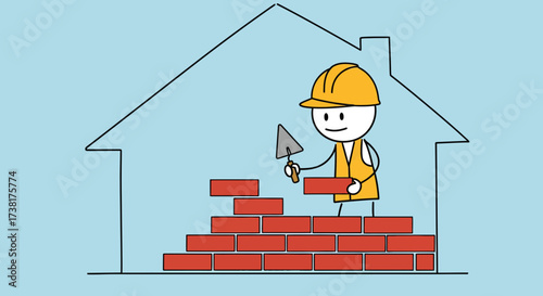 Cartoon builder diligently constructing a brick wall within a minimalist house outline