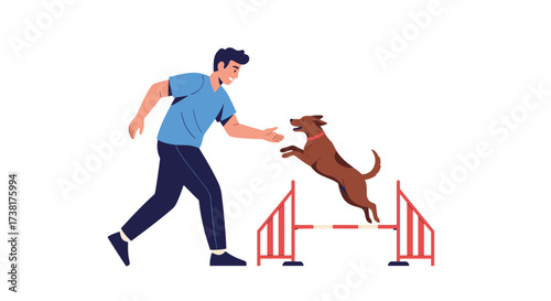 A man training his dog to jump over an agility course.