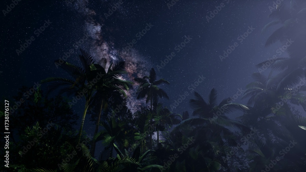 Φωτογραφία Tall palms sway gently in a tropical forest as a breathtaking canopy of stars illuminates the night