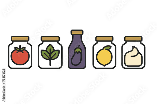 Collection of various food ingredients and condiments in glass jars and bottles