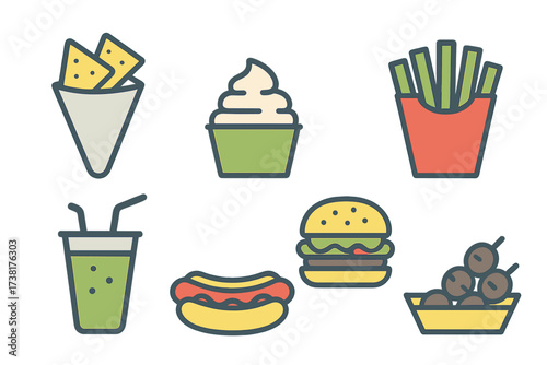Collection of popular fast food and snack items in a simple graphic style
