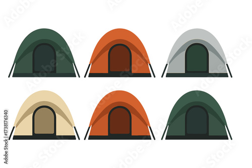 Set of various colored camping tents for outdoor adventure and recreational activities
