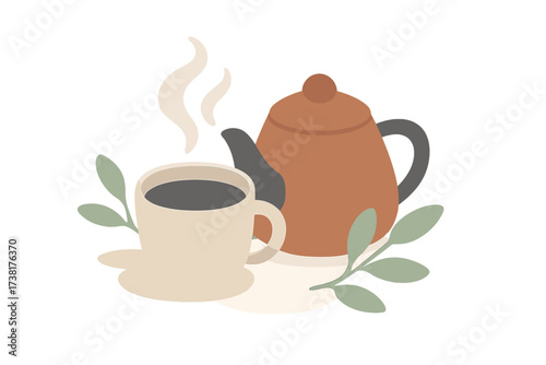 Steaming hot coffee or tea in a mug with a teapot and decorative leaves