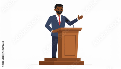 Man giving speech at podium in suit confident expression leadership presentation high quality professional
