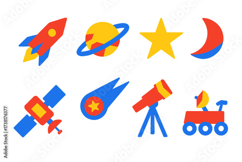 Vibrant set of space exploration elements including planets, rockets, and celestial bodies