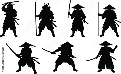 Samurai warrior silhouette vector, traditional Japanese armor poses, sword and staff icons, black and white design, martial arts illustration