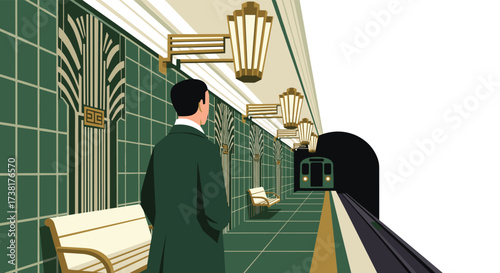 Man in green coat waiting for train at vintage subway station platform.
