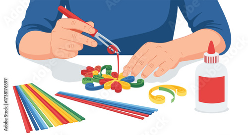 Child creating colorful craft with glue and paper strips.