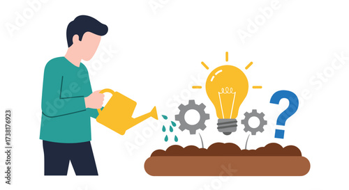 Man watering a plant that grows into a lightbulb with gears and a question mark.