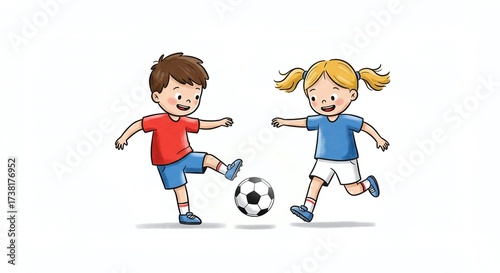 Two cheerful kids play soccer together, smiling and kicking the ball with energy and fun, enjoying an active outdoor game.