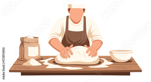 Baker Kneading Dough on Wooden Table with Flour and Bowl.