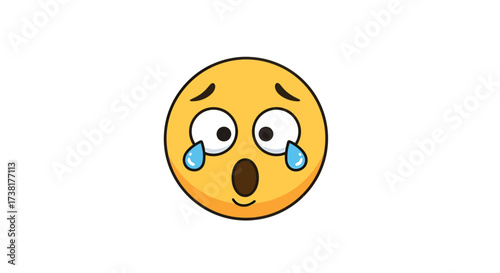 Cartoon illustration of a surprised and tearful emoji face on a white background
