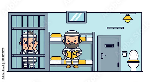 Cartoon rendition depicting life inside a correctional facility focusing on characters and