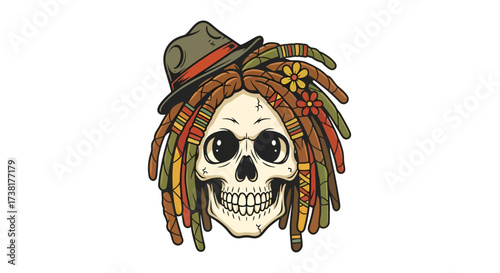 Cartoon skull with dreadlocks and hat exhibiting festive colors and floral accents
