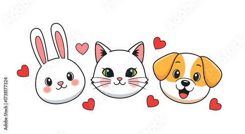 Charming animal companions: cartoon bunny, cat, and dog expressing love with floating hearts