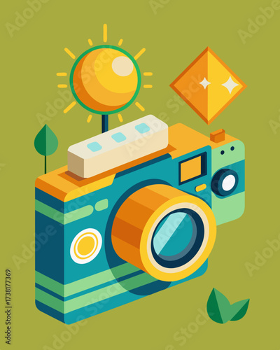 A solarpowered digital camera that allows students to capture images and videos for projects and presentations while promoting ecofriendly practices.. Vector illustration