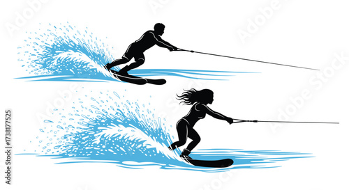 Two people water skiing on a sunny day.