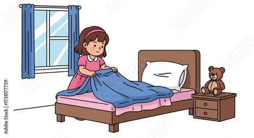 Charming illustration of a girl making her bed in a cozy room filled with soft light and teddy bear