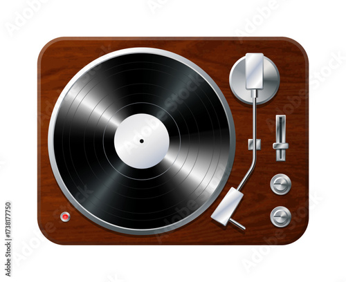 simple modern polished wood vinyl music lp record player turntable realistic top view vector isolated on transparent background