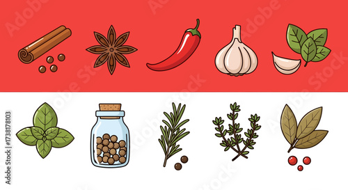 Culinary herbs and spices assortment in an illustrative style for creative gastronomy projects