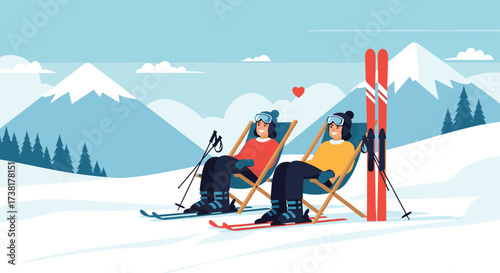 A couple relaxes in lounge chairs on a snowy mountain.