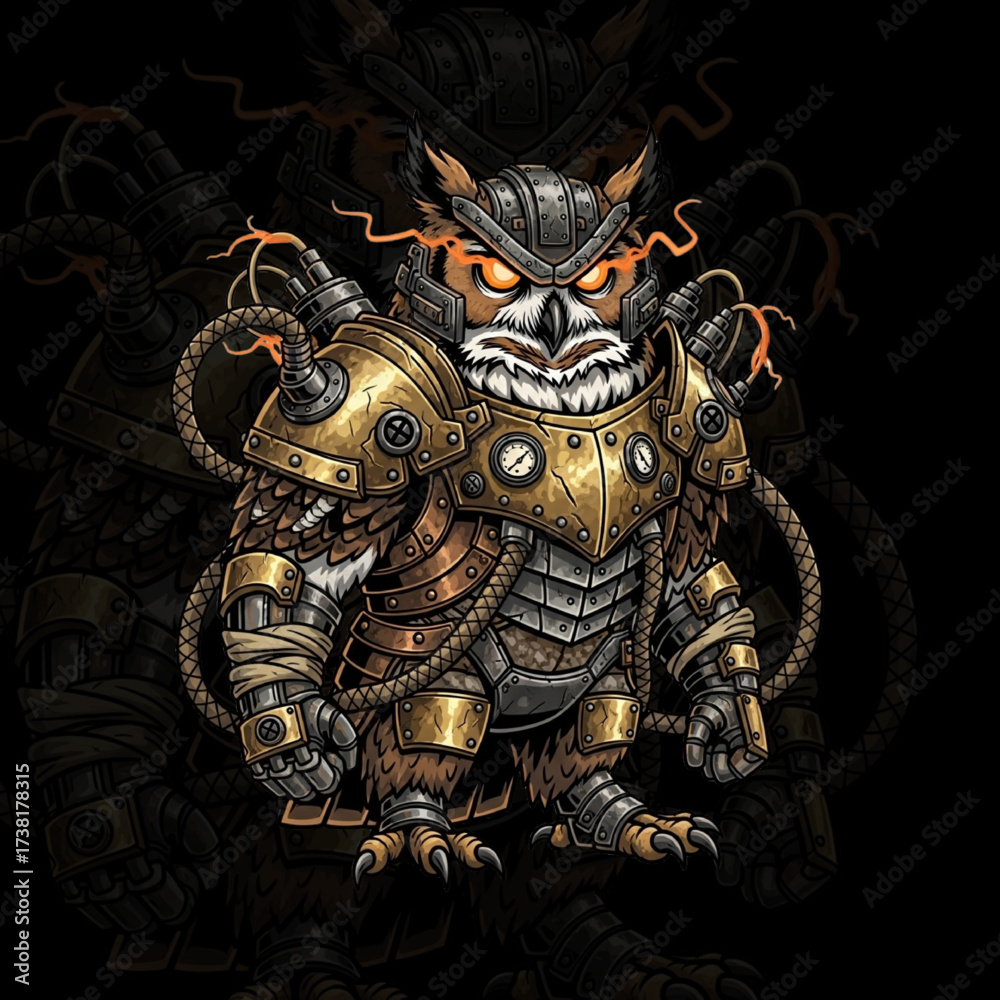 Fototapeta premium Steampunk Owl Mascot – Mechanical Cyborg Bird with Brass Armor and Glowing Eyes