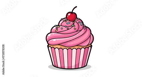 Delightful pink frosted cupcake with cherry and sprinkles against a plain backdrop