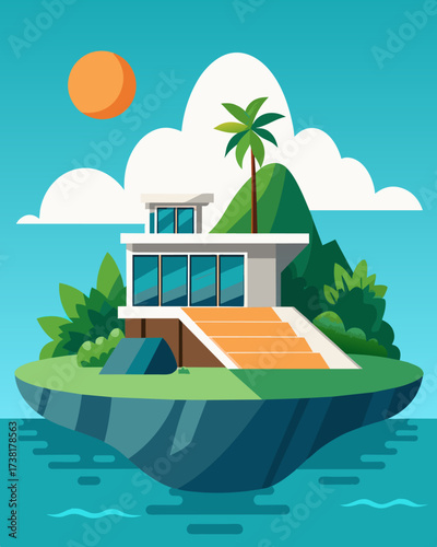 A luxurious villa nestled on a remote island powered entirely by solar energy and boasting breathtaking views of the surrounding ocean.. Vector illustration