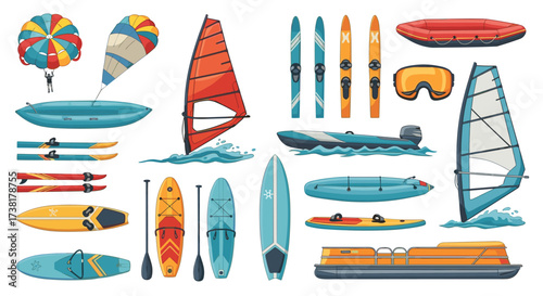 Collection of pixel art water sports equipment.