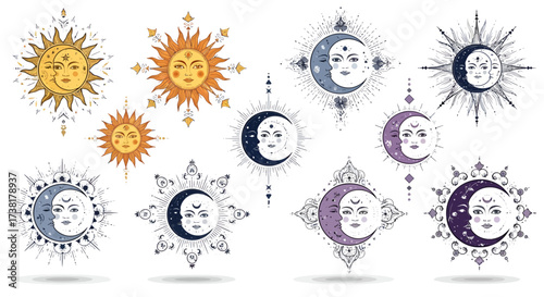 Elegant Celestial Collection: Ornate Sun and Moon Illustrations for Mystical Designs