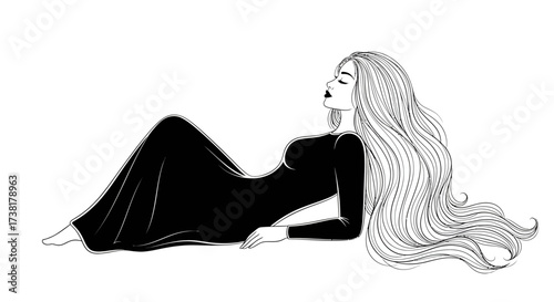 Elegant monochrome illustration of a woman reclining with flowing detailed hair and a sleek black